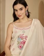 floral white elegant cotton dobby sleeveless kurta suit set