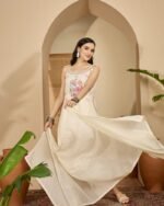 floral white elegant cotton dobby sleeveless kurta suit set