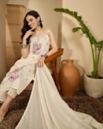 floral white elegant cotton dobby sleeveless kurta suit set