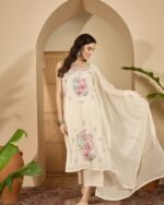 floral white elegant cotton dobby sleeveless kurta suit set