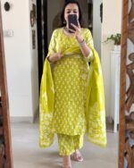 olive yellowish green shade kurta set