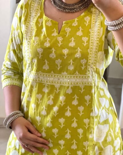 olive yellowish green shade kurta set