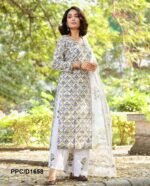 floral white elegant cotton dobby sleeveless kurta suit set