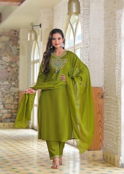 olive yellowish green shade kurta set