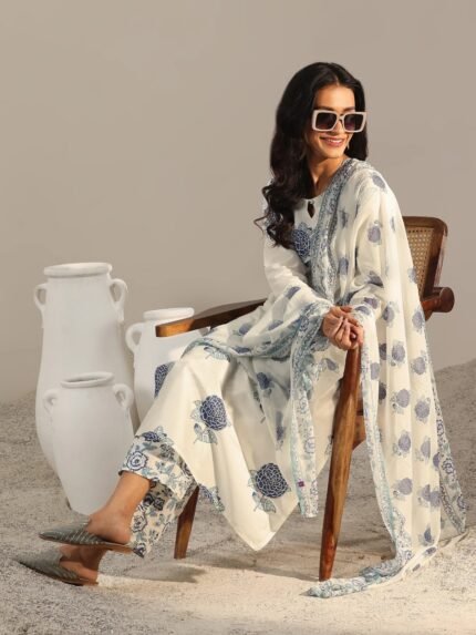 floral white elegant cottonkurtaa suit set