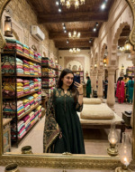 anarkali kurta set featuring beautiful printed border attach on kurta yoke and bottom and dupatta